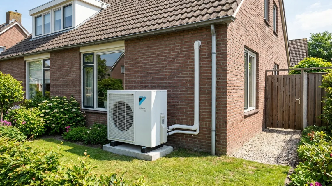 Realisatie warmtepomp Vleuten - Lucht-water warmtepomp buitenunit naast woning