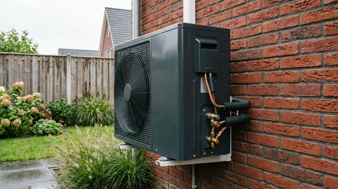 Realisatie warmtepomp Vlagtwedde - Warmtepomp buitenunit tegen gevel geplaatst