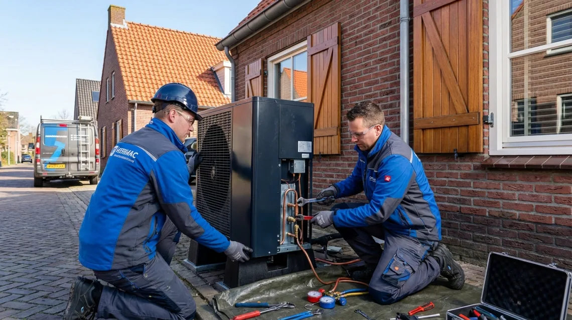 Realisatie warmtepomp Vleuten - Monteur installeert warmtepomp buitenunit