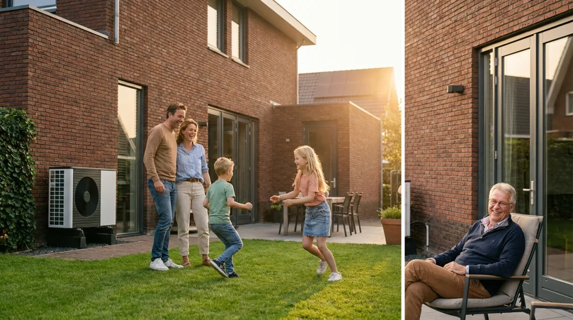 Warmtepomp installatie in Vlagtwedde - Warmtepomp in tuin van Nederlandse woning